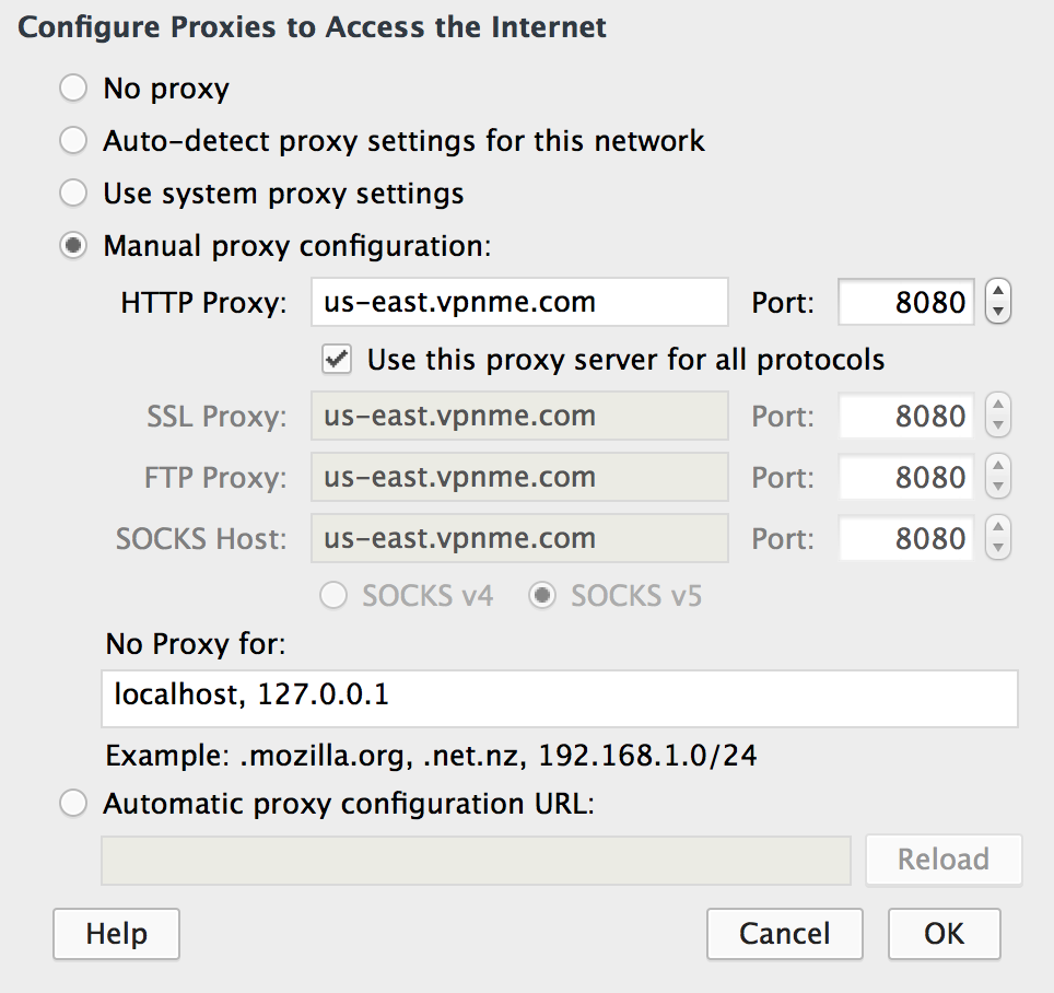 Firefox proxy settings for use with VPNme
